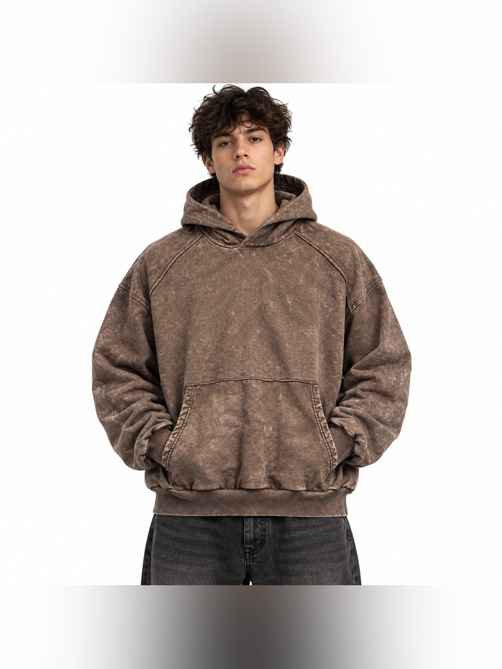 MNML XXL Brown Acid Wash Oversized Streetwear Pullover Hoodie